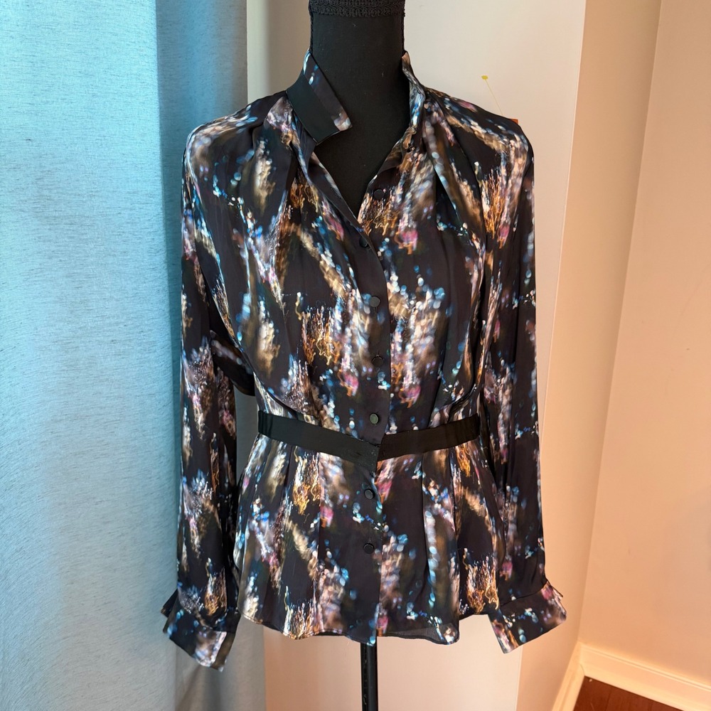 Theyskens Theory Blouse Women S Black Abstract 100% Silk Peplum Button Down Top